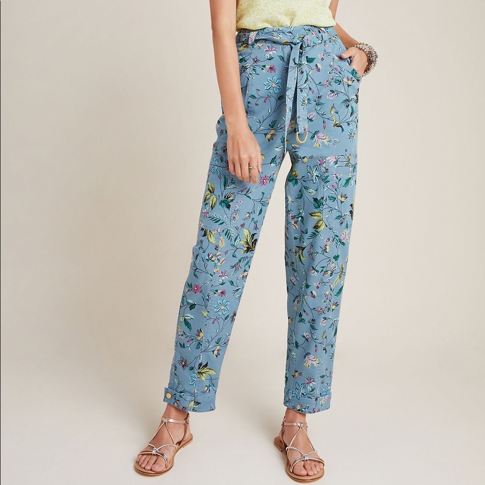 Anthropologie Victoria Floral Cargo Blue Pants 8